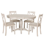 Ensemble de salle à manger rond extensible 5 pièces | Blanc antique | Bois d'hévéa | 4 places