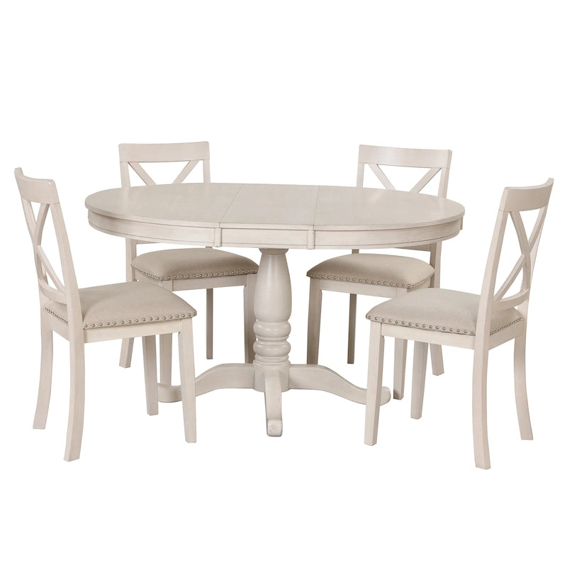 Ensemble de salle à manger rond extensible 5 pièces | Blanc antique | Bois d'hévéa | 4 places