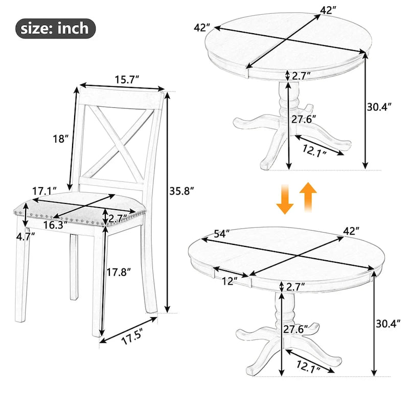 Ensemble de salle à manger rond extensible 5 pièces | Blanc antique | Bois d'hévéa | 4 places