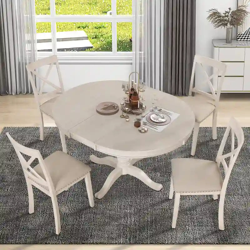 Ensemble de salle à manger rond extensible 5 pièces | Blanc antique | Bois d'hévéa | 4 places