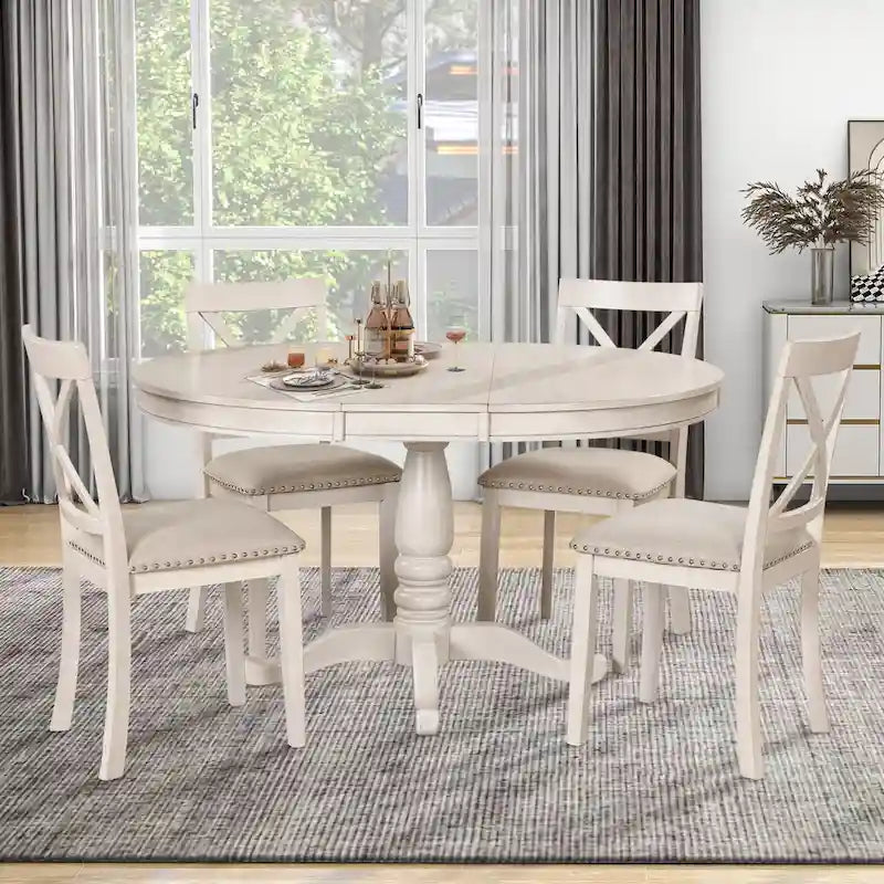 Ensemble de salle à manger rond extensible 5 pièces | Blanc antique | Bois d'hévéa | 4 places