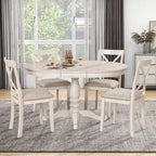 Ensemble de salle à manger rond extensible 5 pièces | Blanc antique | Bois d'hévéa | 4 places