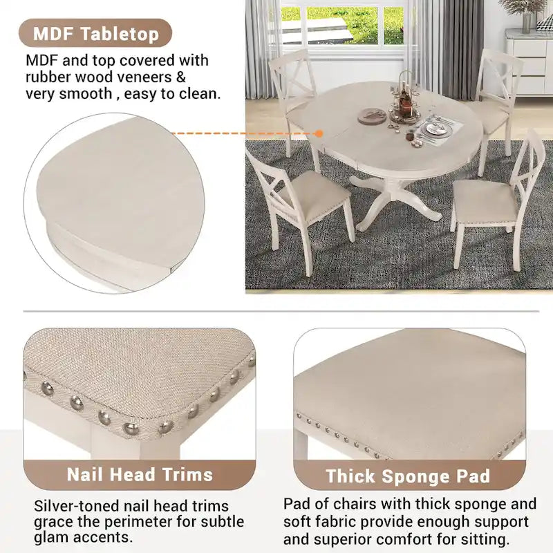 Ensemble de salle à manger rond extensible 5 pièces | Blanc antique | Bois d'hévéa | 4 places