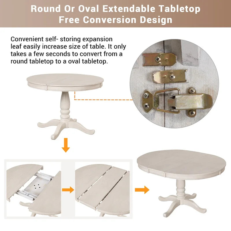 Ensemble de salle à manger rond extensible 5 pièces | Blanc antique | Bois d'hévéa | 4 places