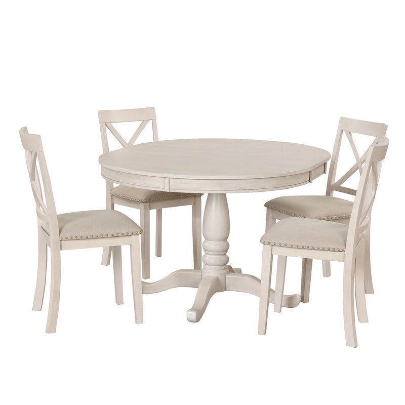 Ensemble de salle à manger rond extensible 5 pièces | Blanc antique | Bois d'hévéa | 4 places