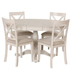Ensemble de salle à manger rond extensible 5 pièces | Blanc antique | Bois d'hévéa | 4 places