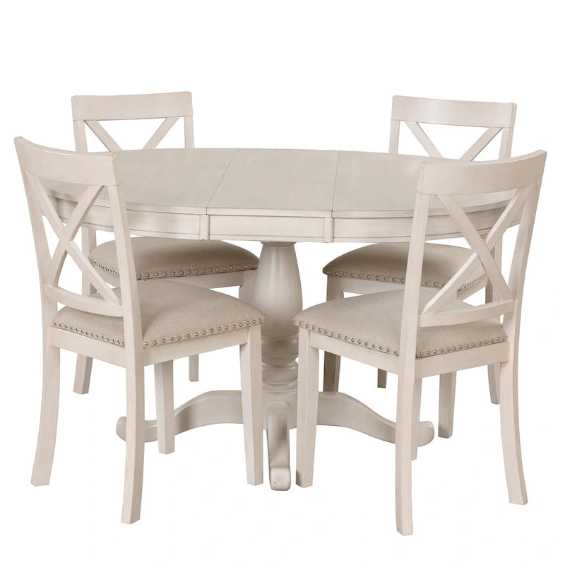 Ensemble de salle à manger rond extensible 5 pièces | Blanc antique | Bois d'hévéa | 4 places