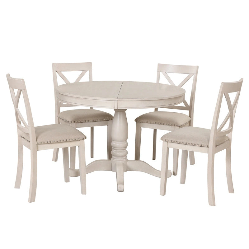 Ensemble de salle à manger rond extensible 5 pièces | Blanc antique | Bois d'hévéa | 4 places