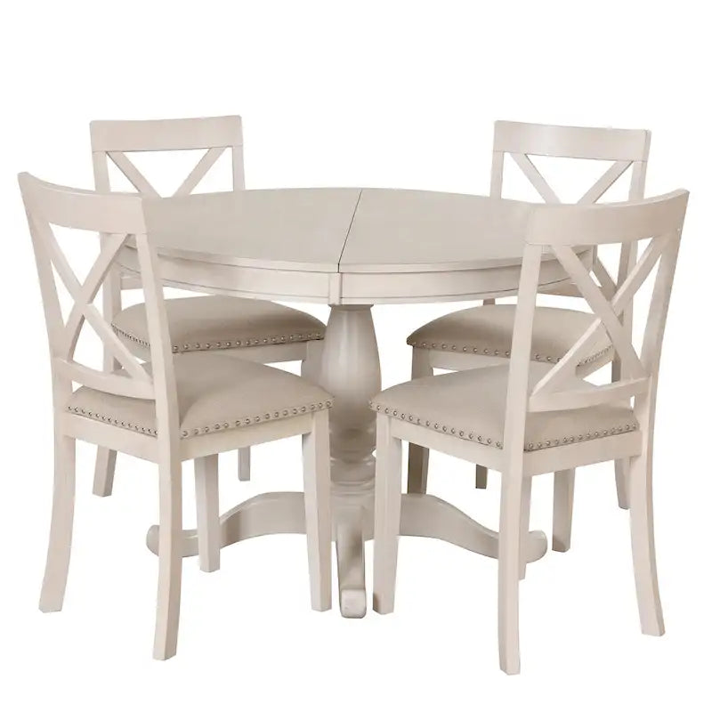 Ensemble de salle à manger rond extensible 5 pièces | Blanc antique | Bois d'hévéa | 4 places