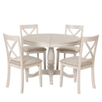 Ensemble de salle à manger rond extensible 5 pièces | Blanc antique | Bois d'hévéa | 4 places