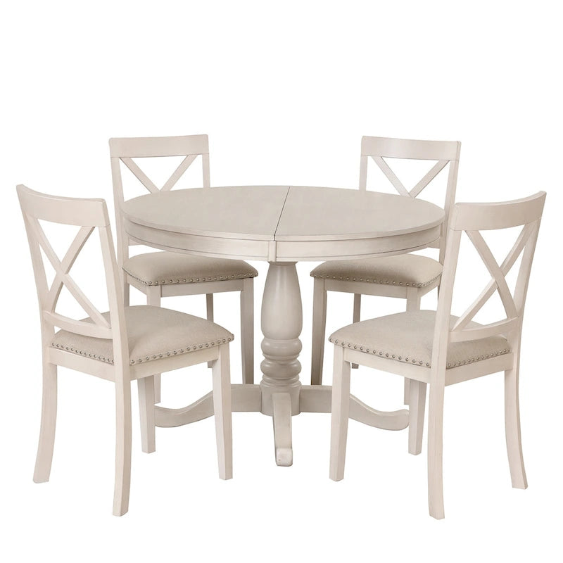 Ensemble de salle à manger rond extensible 5 pièces | Blanc antique | Bois d'hévéa | 4 places