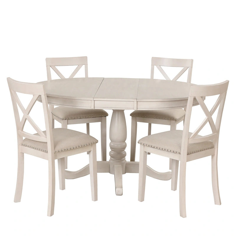 Ensemble de salle à manger rond extensible 5 pièces | Blanc antique | Bois d'hévéa | 4 places