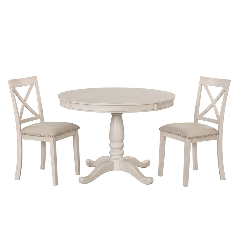 Ensemble de salle à manger rond extensible 5 pièces | Blanc antique | Bois d'hévéa | 4 places