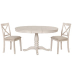 Ensemble de salle à manger rond extensible 5 pièces | Blanc antique | Bois d'hévéa | 4 places