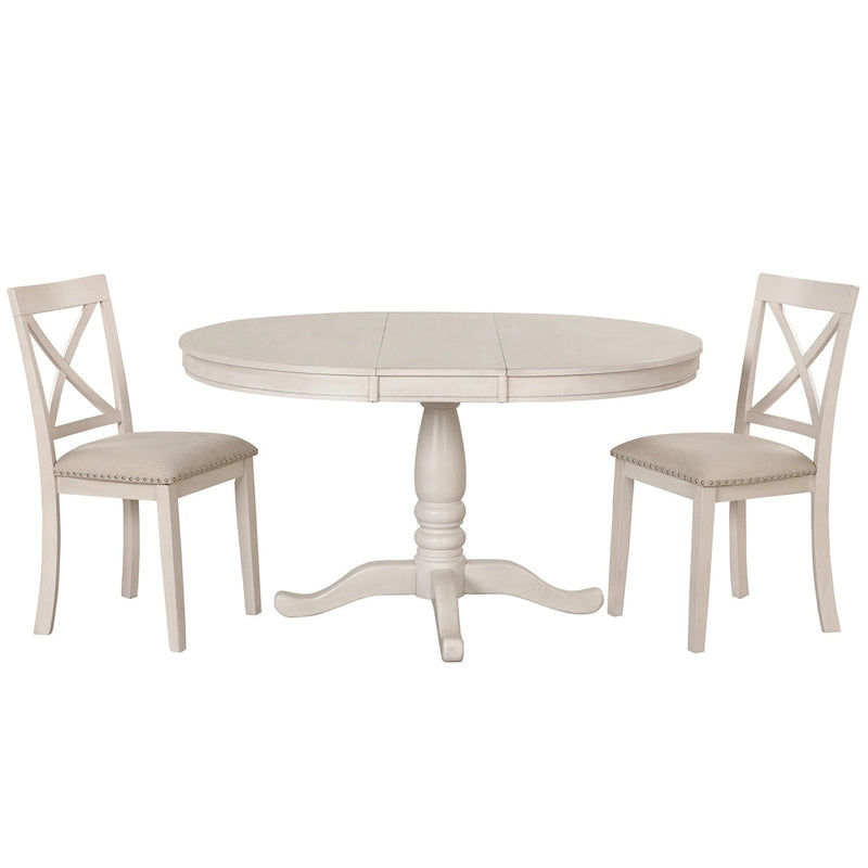 Ensemble de salle à manger rond extensible 5 pièces | Blanc antique | Bois d'hévéa | 4 places