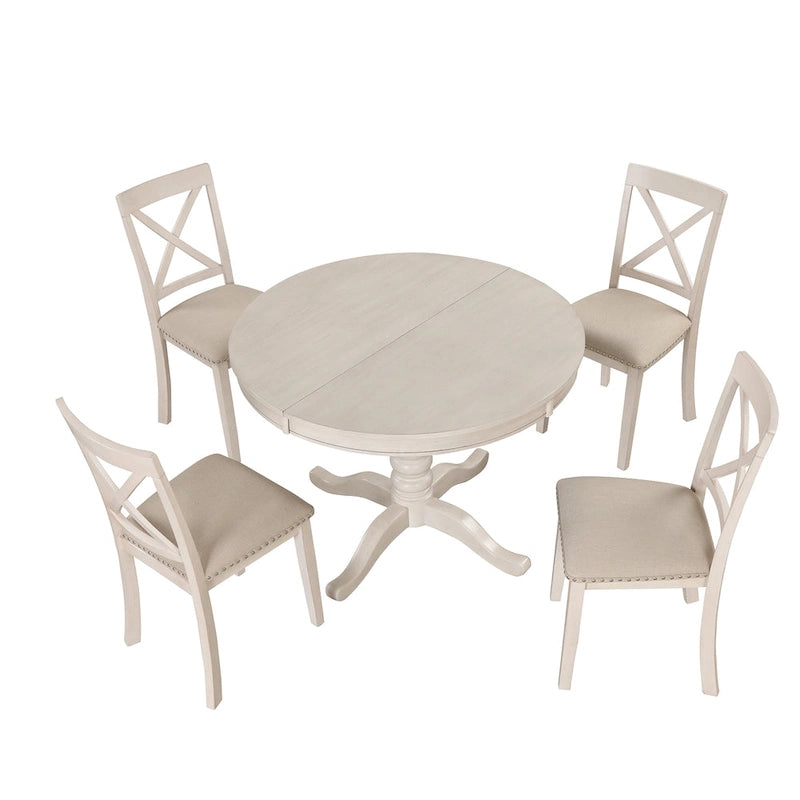 Ensemble de salle à manger rond extensible 5 pièces | Blanc antique | Bois d'hévéa | 4 places