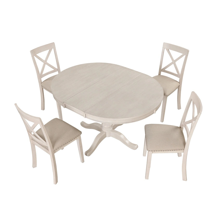 Ensemble de salle à manger rond extensible 5 pièces | Blanc antique | Bois d'hévéa | 4 places