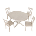Ensemble de salle à manger rond extensible 5 pièces | Blanc antique | Bois d'hévéa | 4 places