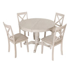 Ensemble de salle à manger rond extensible 5 pièces | Blanc antique | Bois d'hévéa | 4 places