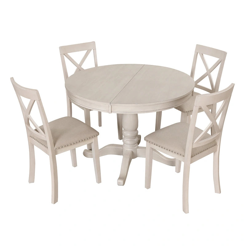 Ensemble de salle à manger rond extensible 5 pièces | Blanc antique | Bois d'hévéa | 4 places