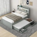 Lit Plateforme Twin XL | Tête de lit LED | Station de Charge | Lit Gigogne et 2 Tiroirs | Pin Gris