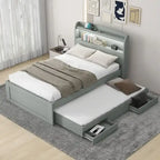 Lit Plateforme Twin XL | Tête de lit LED | Station de Charge | Lit Gigogne et 2 Tiroirs | Pin Gris