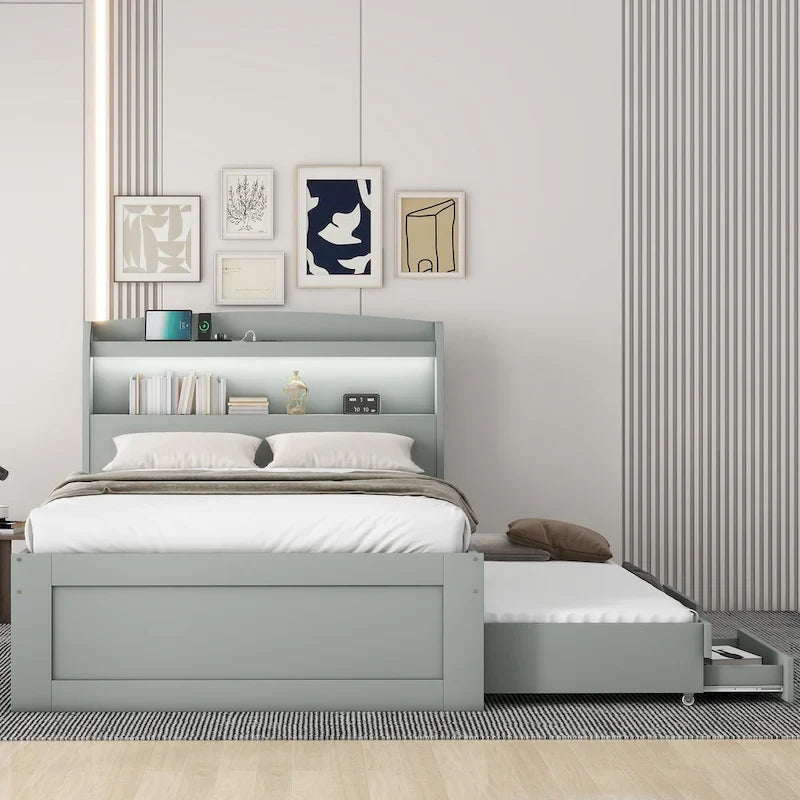 Lit Plateforme Twin XL | Tête de lit LED | Station de Charge | Lit Gigogne et 2 Tiroirs | Pin Gris