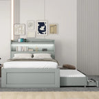 Lit Plateforme Twin XL | Tête de lit LED | Station de Charge | Lit Gigogne et 2 Tiroirs | Pin Gris