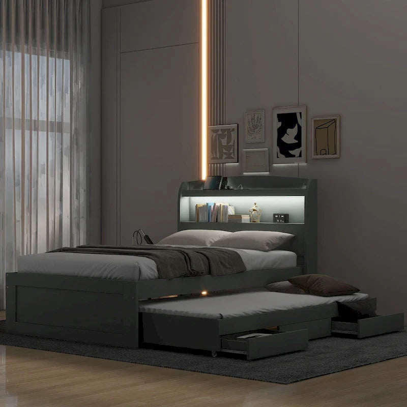 Lit Plateforme Twin XL | Tête de lit LED | Station de Charge | Lit Gigogne et 2 Tiroirs | Pin Gris