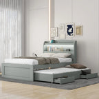 Lit Plateforme Twin XL | Tête de lit LED | Station de Charge | Lit Gigogne et 2 Tiroirs | Pin Gris