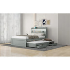 Lit Plateforme Twin XL | Tête de lit LED | Station de Charge | Lit Gigogne et 2 Tiroirs | Pin Gris
