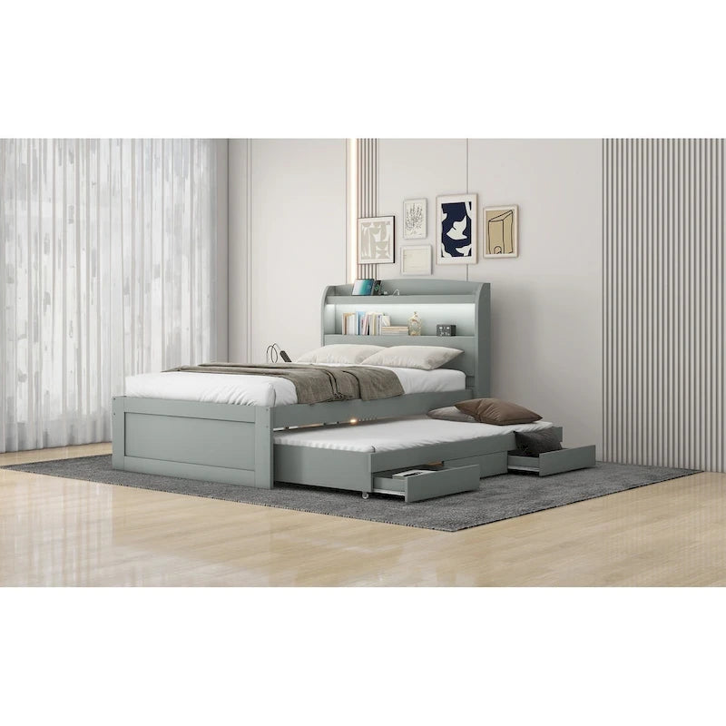 Lit Plateforme Twin XL | Tête de lit LED | Station de Charge | Lit Gigogne et 2 Tiroirs | Pin Gris