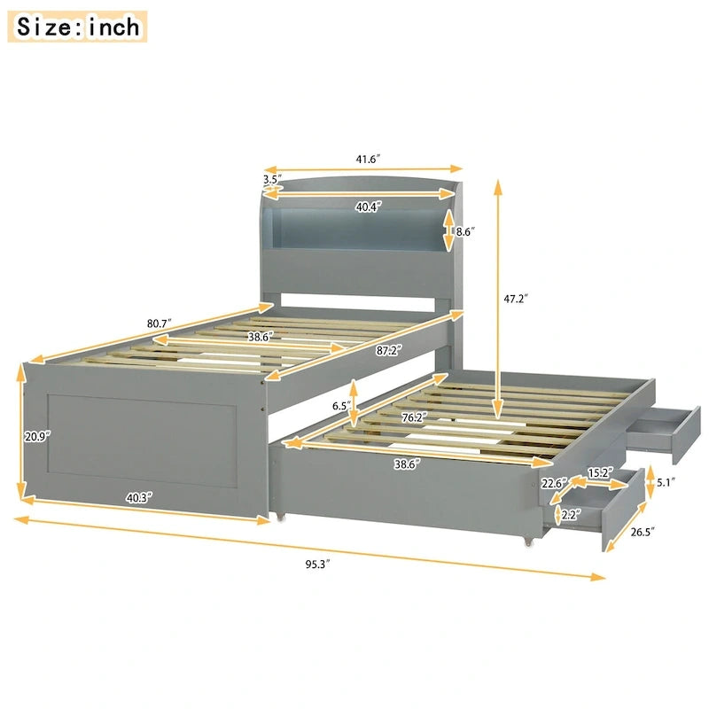 Lit Plateforme Twin XL | Tête de lit LED | Station de Charge | Lit Gigogne et 2 Tiroirs | Pin Gris