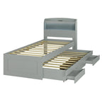 Lit Plateforme Twin XL | Tête de lit LED | Station de Charge | Lit Gigogne et 2 Tiroirs | Pin Gris