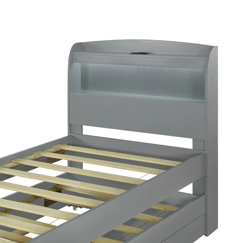 Lit Plateforme Twin XL | Tête de lit LED | Station de Charge | Lit Gigogne et 2 Tiroirs | Pin Gris