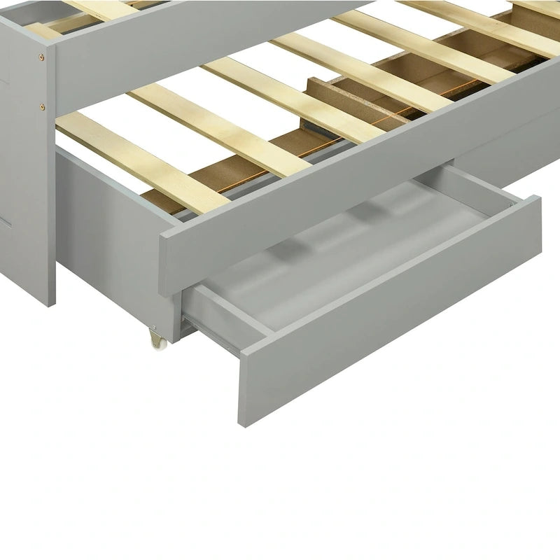 Lit Plateforme Twin XL | Tête de lit LED | Station de Charge | Lit Gigogne et 2 Tiroirs | Pin Gris