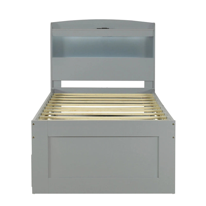 Lit Plateforme Twin XL | Tête de lit LED | Station de Charge | Lit Gigogne et 2 Tiroirs | Pin Gris