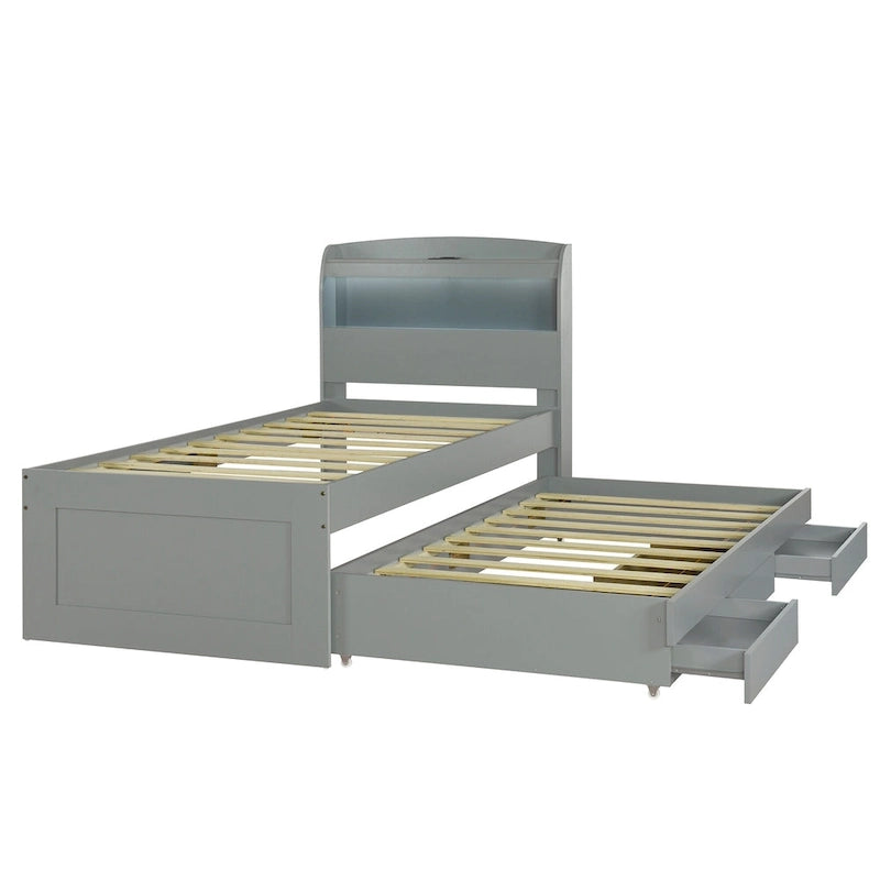 Lit Plateforme Twin XL | Tête de lit LED | Station de Charge | Lit Gigogne et 2 Tiroirs | Pin Gris