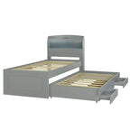 Lit Plateforme Twin XL | Tête de lit LED | Station de Charge | Lit Gigogne et 2 Tiroirs | Pin Gris
