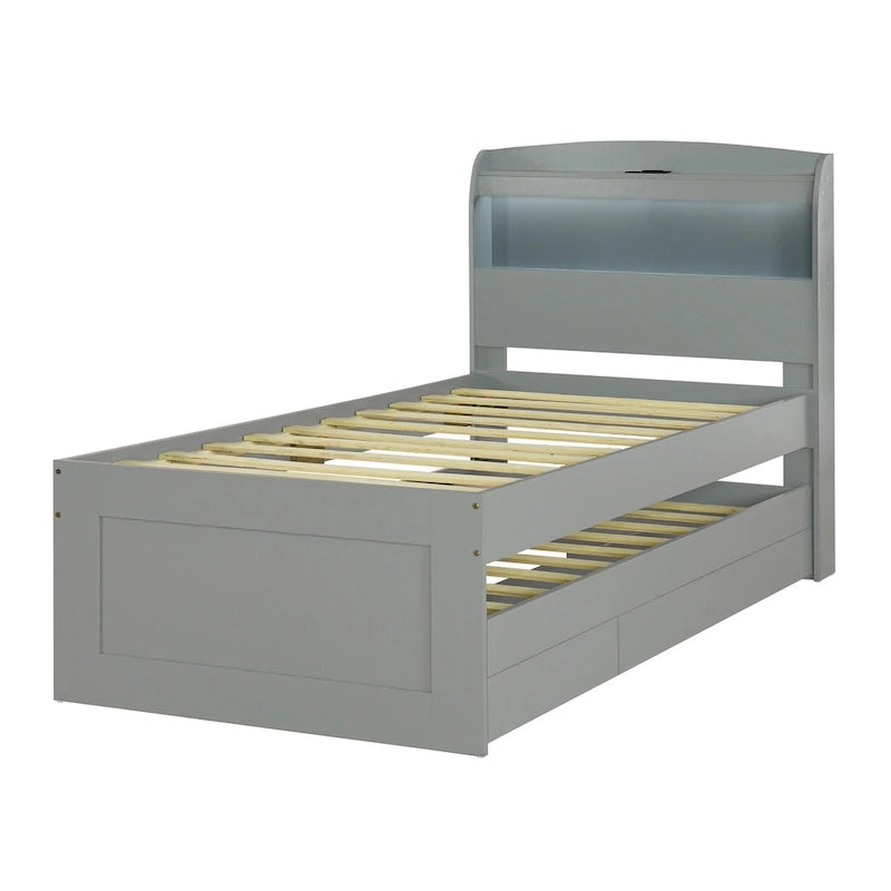 Lit Plateforme Twin XL | Tête de lit LED | Station de Charge | Lit Gigogne et 2 Tiroirs | Pin Gris