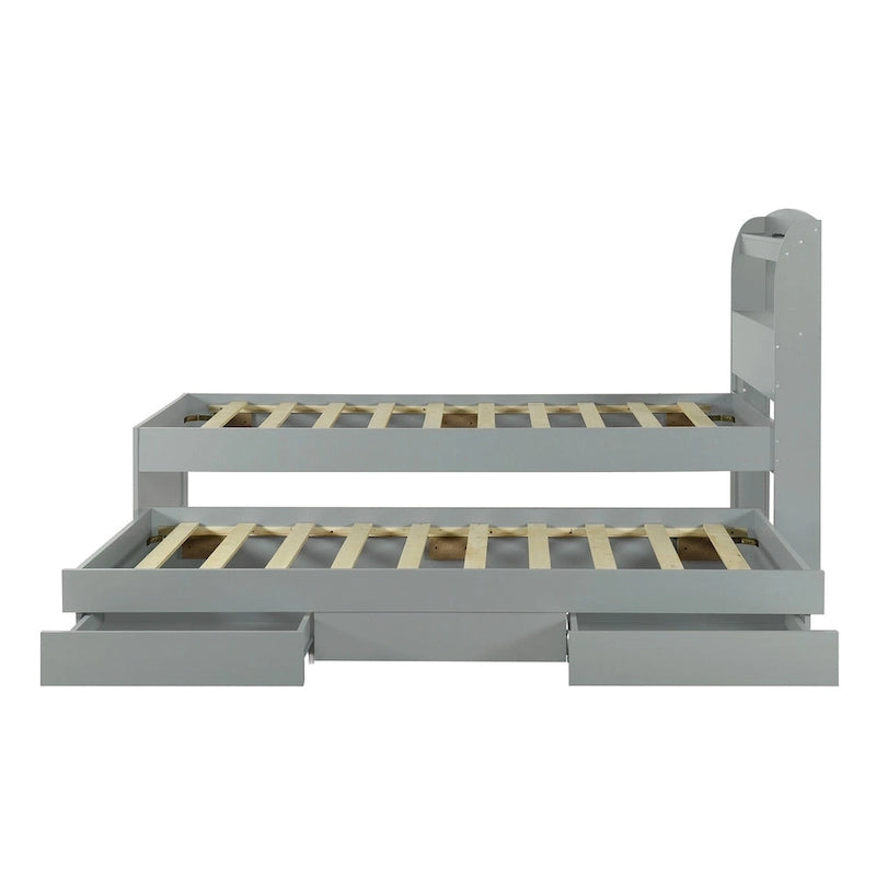 Lit Plateforme Twin XL | Tête de lit LED | Station de Charge | Lit Gigogne et 2 Tiroirs | Pin Gris
