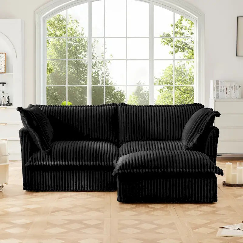 Canapé d'angle 2 places en velours côtelé avec pouf convertible et oreillers