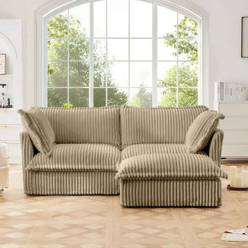 Canapé d'angle 2 places en velours côtelé avec pouf convertible et oreillers