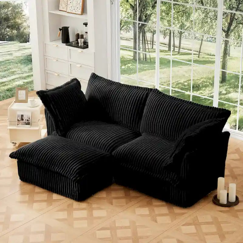 Canapé d'angle 2 places en velours côtelé avec pouf convertible et oreillers
