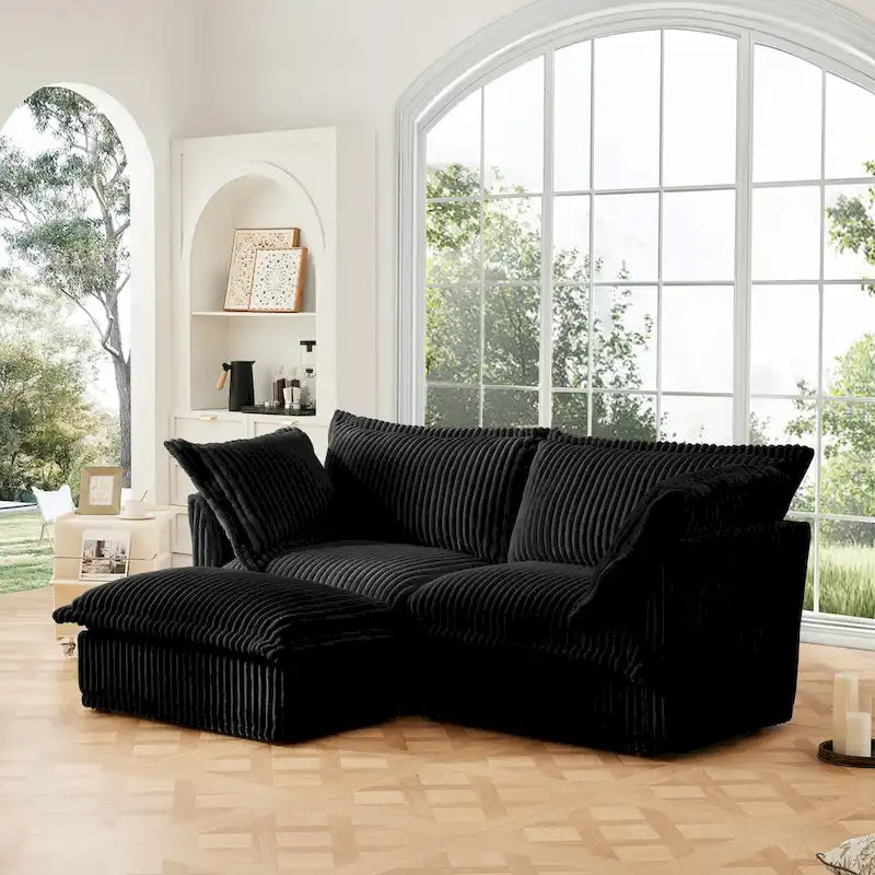 Canapé d'angle 2 places en velours côtelé avec pouf convertible et oreillers