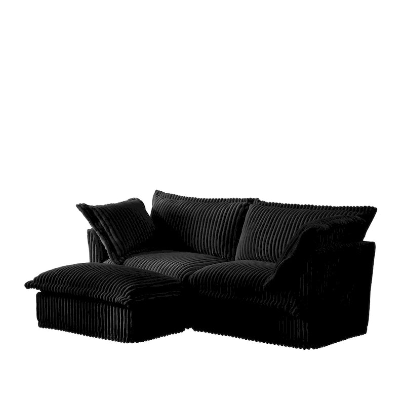 Canapé d'angle 2 places en velours côtelé avec pouf convertible et oreillers
