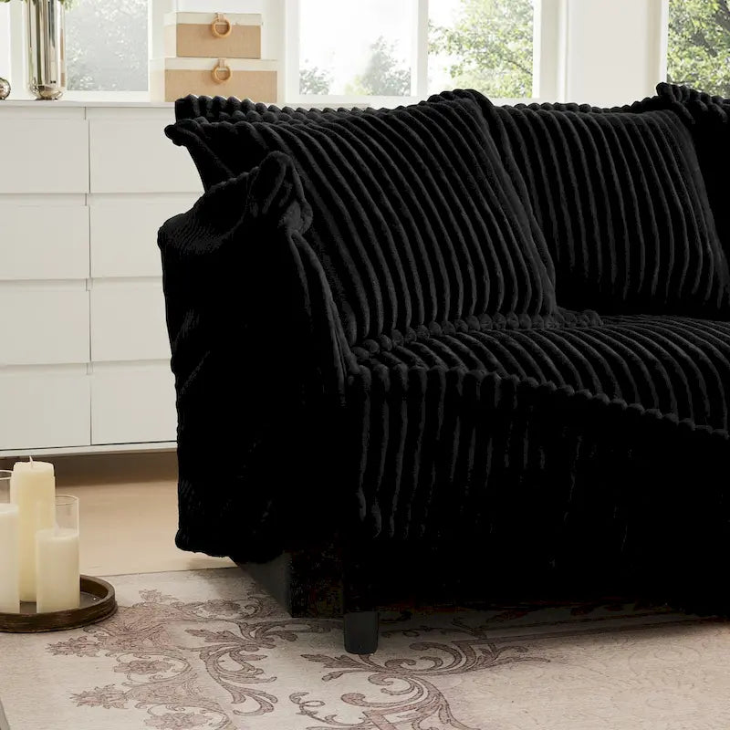 Canapé d'angle 2 places en velours côtelé avec pouf convertible et oreillers
