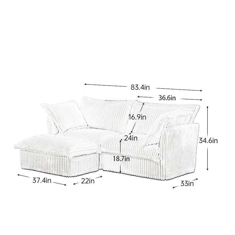 Canapé d'angle 2 places en velours côtelé avec pouf convertible et oreillers