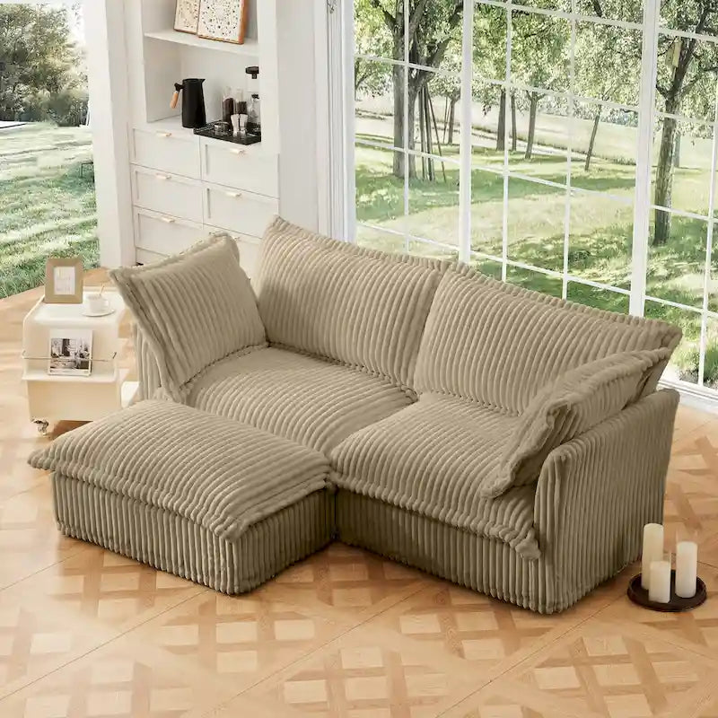 Canapé d'angle 2 places en velours côtelé avec pouf convertible et oreillers