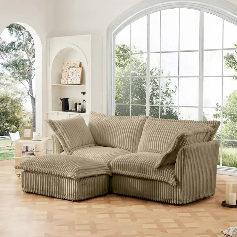 Canapé d'angle 2 places en velours côtelé avec pouf convertible et oreillers